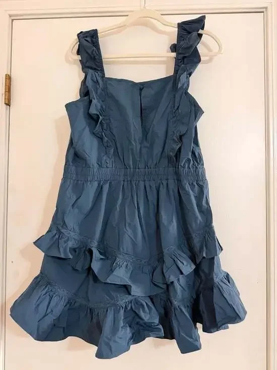 Baby Pink Navy Blue Ruffled Tiered Eyelet Mini Dress - Picture 3 of 3